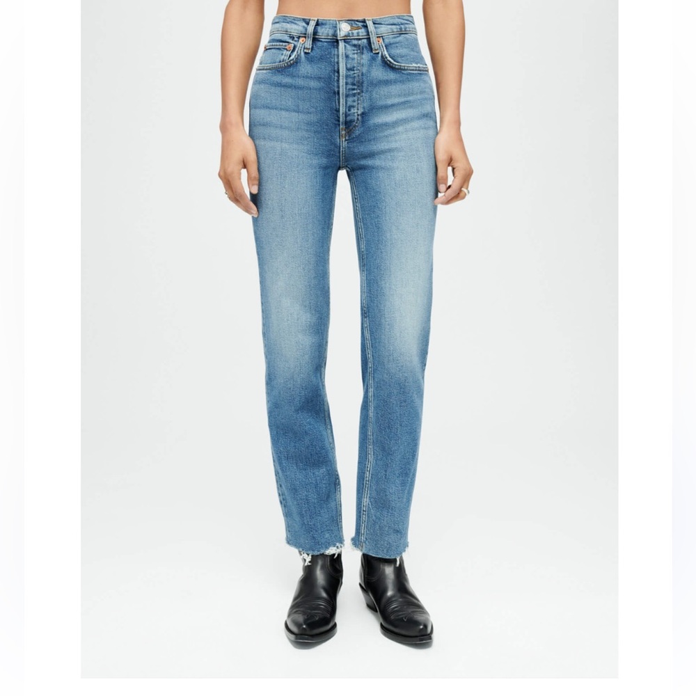 RE/DONE originals straight leg high rise button fly blue ankle jeans 28